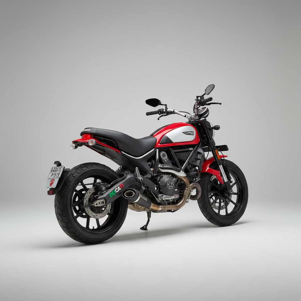 Red and black motorcycle parked on a street against a blue wall.