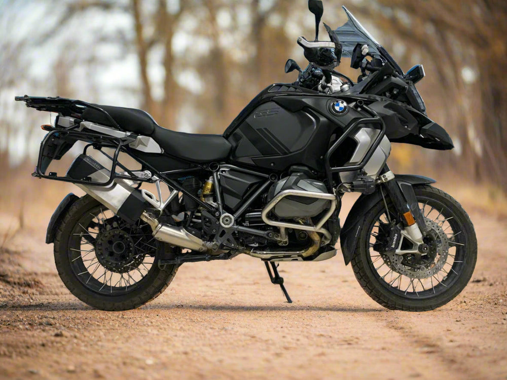 Black BMW R1250 GS motorcycle with Barrel Exhaust Slipon